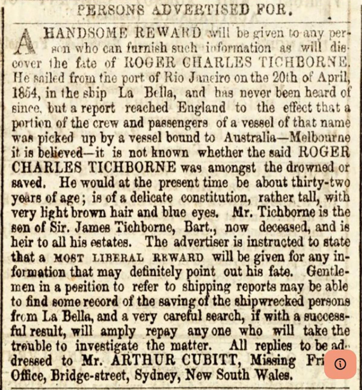 An advertisement calling for news of long-lost Sir Roger placed by his mother in the Sydney Morning Herald, July 26, 1865.