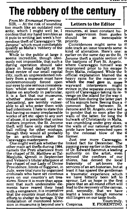 A letter to the editor in <em>The Times</em> calling the art theft the 'robbery of the century'.