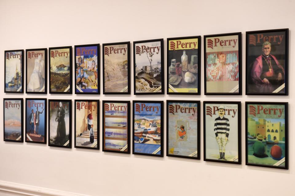A collage of magazine covers hanging at the Perry head office in Sliema. Photos: Chris Sant Fournier