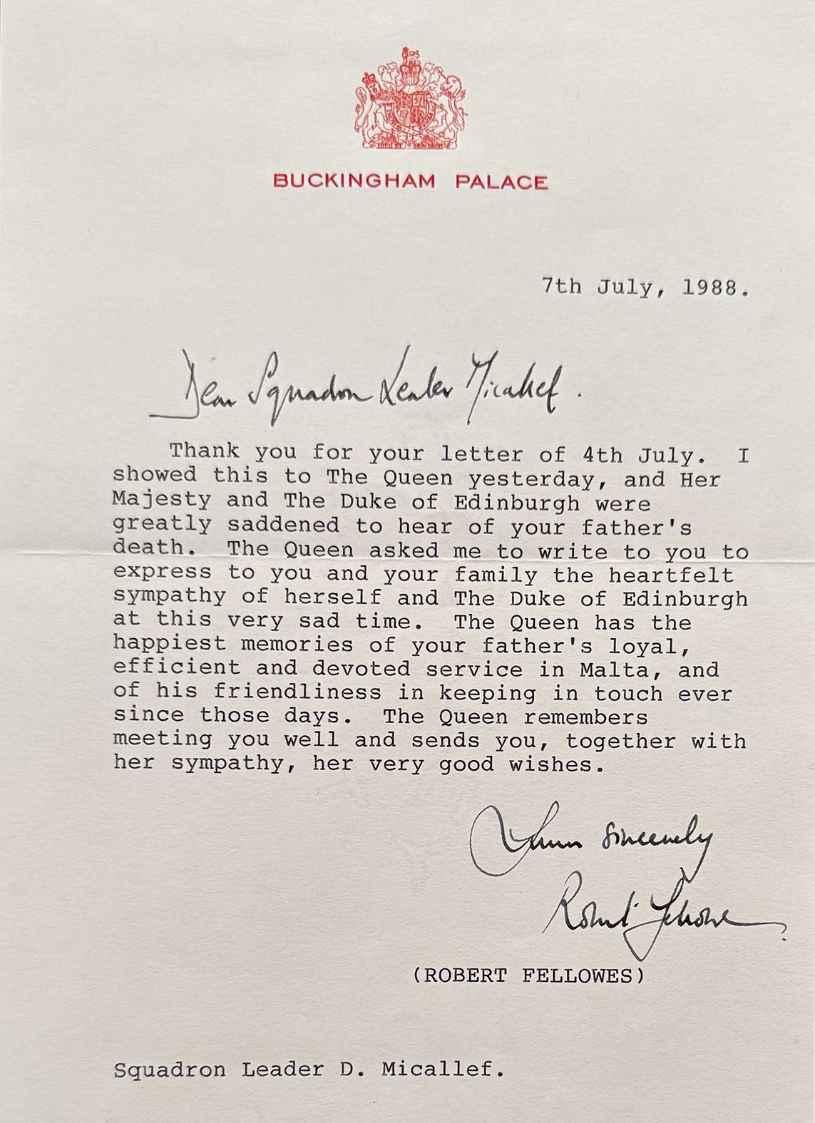 The letter of condolences sent by Buckingham Palace.