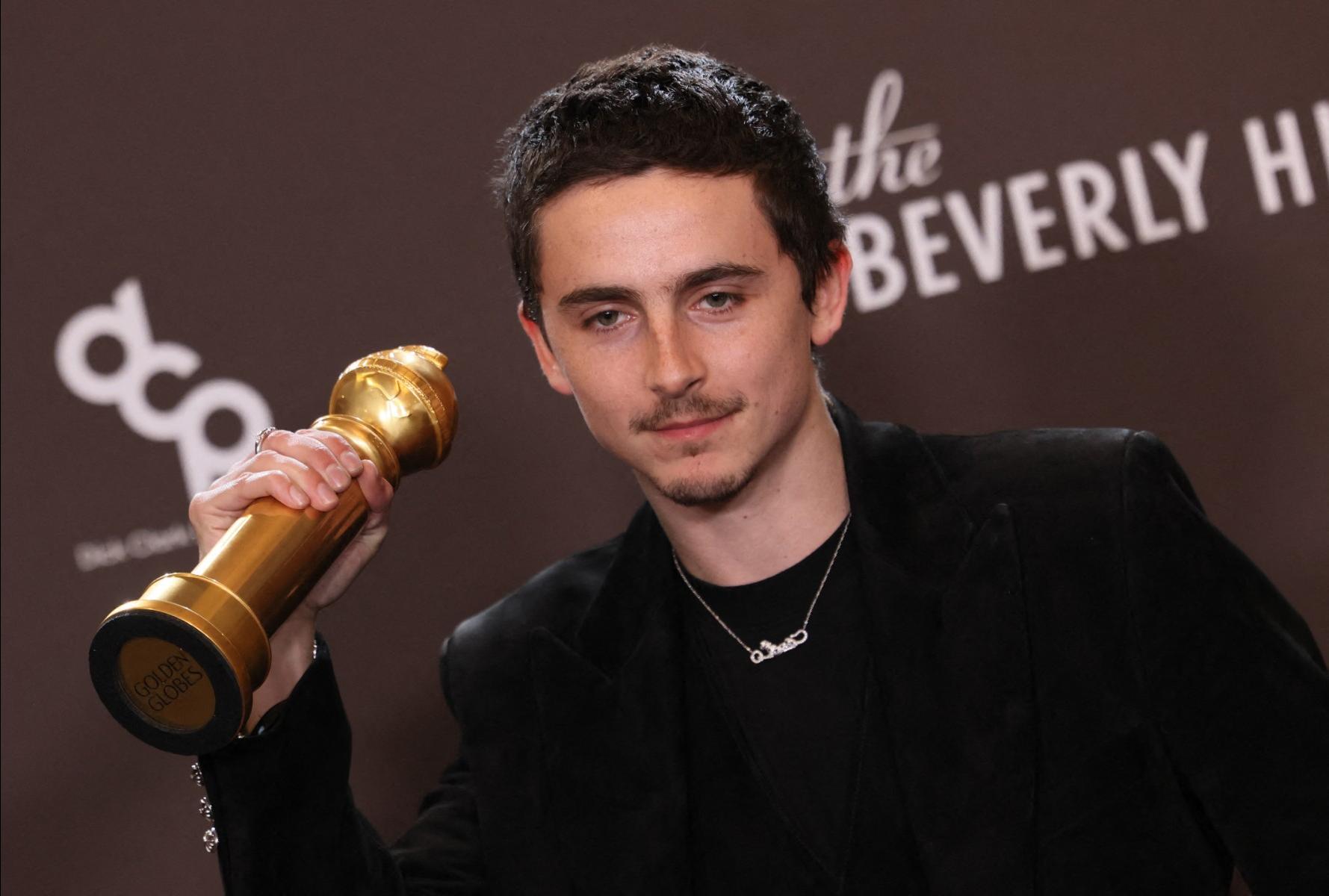 French-US actor Timothee Chalamet poses in the press room with the Best Actor in a Motion Picture &ndash; Musical or Comedy for "Marty Supreme". Photo: AFP