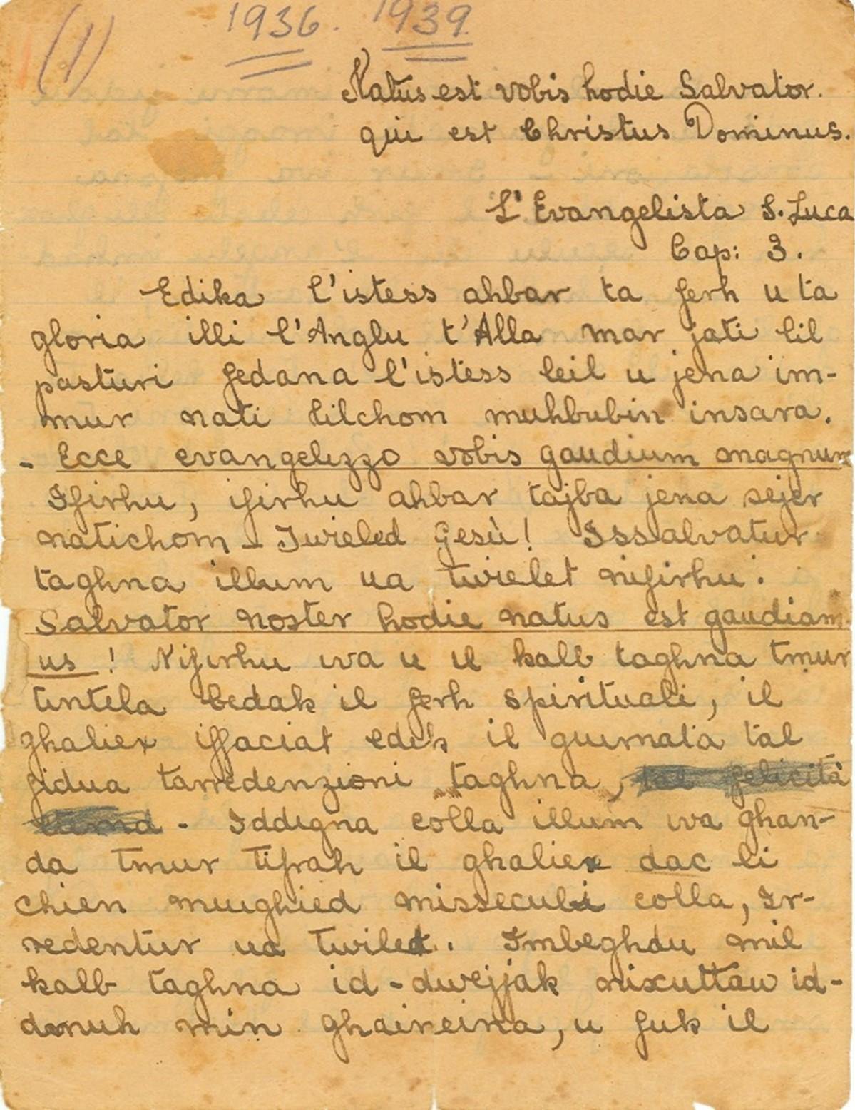 The first page of the ‘Predica del Natale’ as copied out by Nan Gatt.