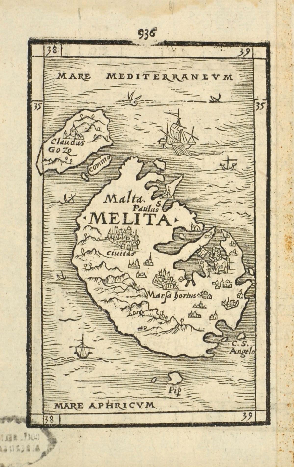 Henric Petri/Sebastian M&uuml;nster map of Malta, 122mm by 77mm, 1561.
