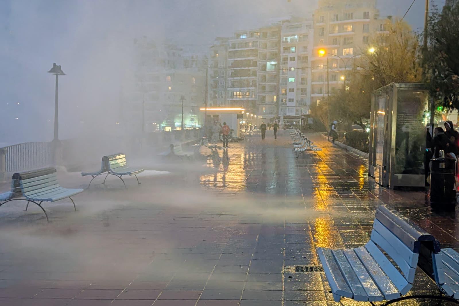 Spray hits the Sliema Promenade on Monday night. Photo: Chris Sant Fournier.