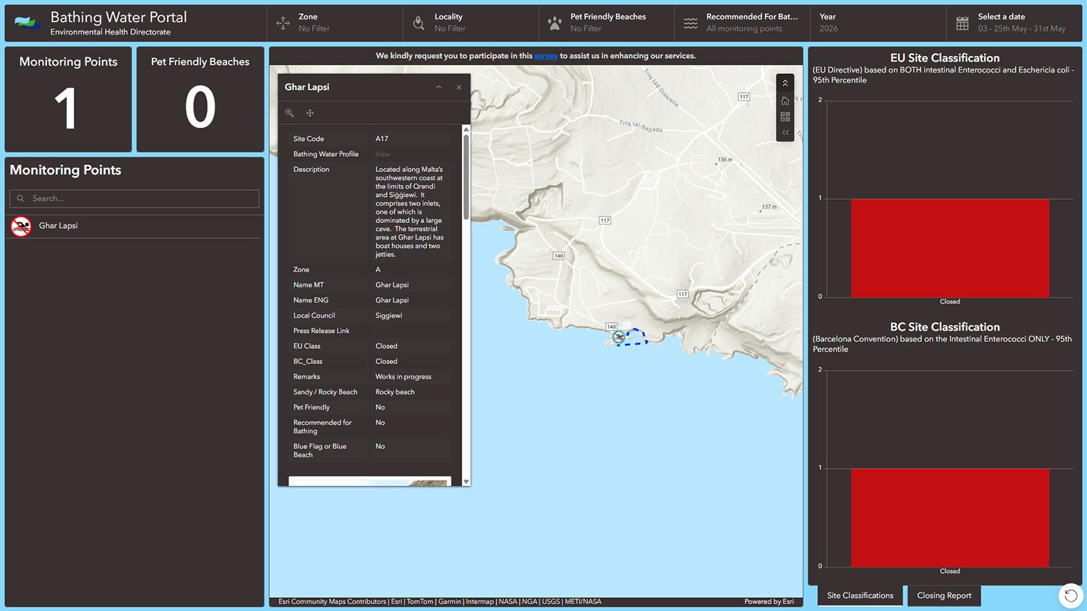 Selecting a monitoring point pulls up more information about it &ndash; including a link to directorate press releases in the event of a closure. Screenshot: Bathing Water Portal.