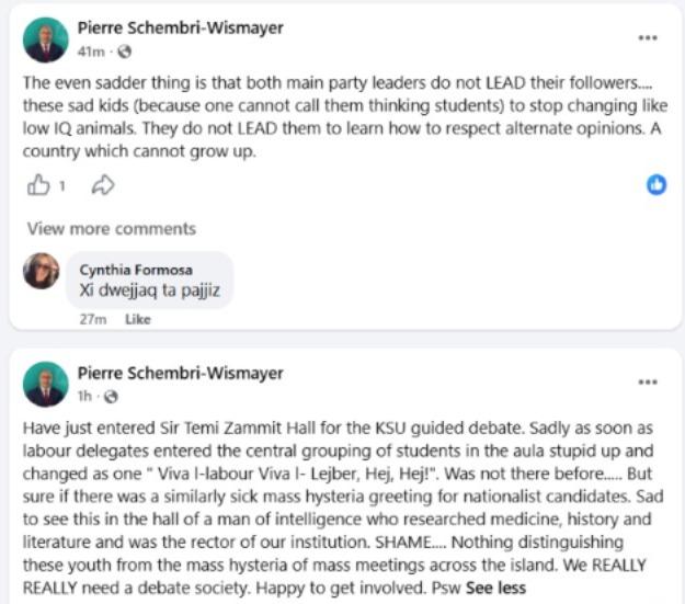University professor Pierre Schembri-Wismayer's Facebook posts.