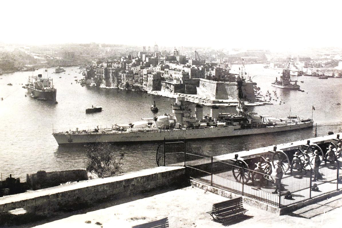 The Conte di Cavour berthed in Grand Harbour. Postcard by ABC Library