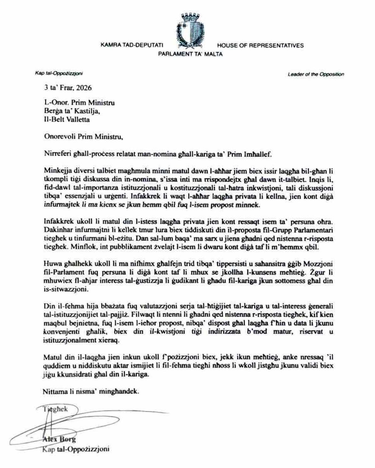 The leader of the opposition's letter to the prime minister on Tuesday.