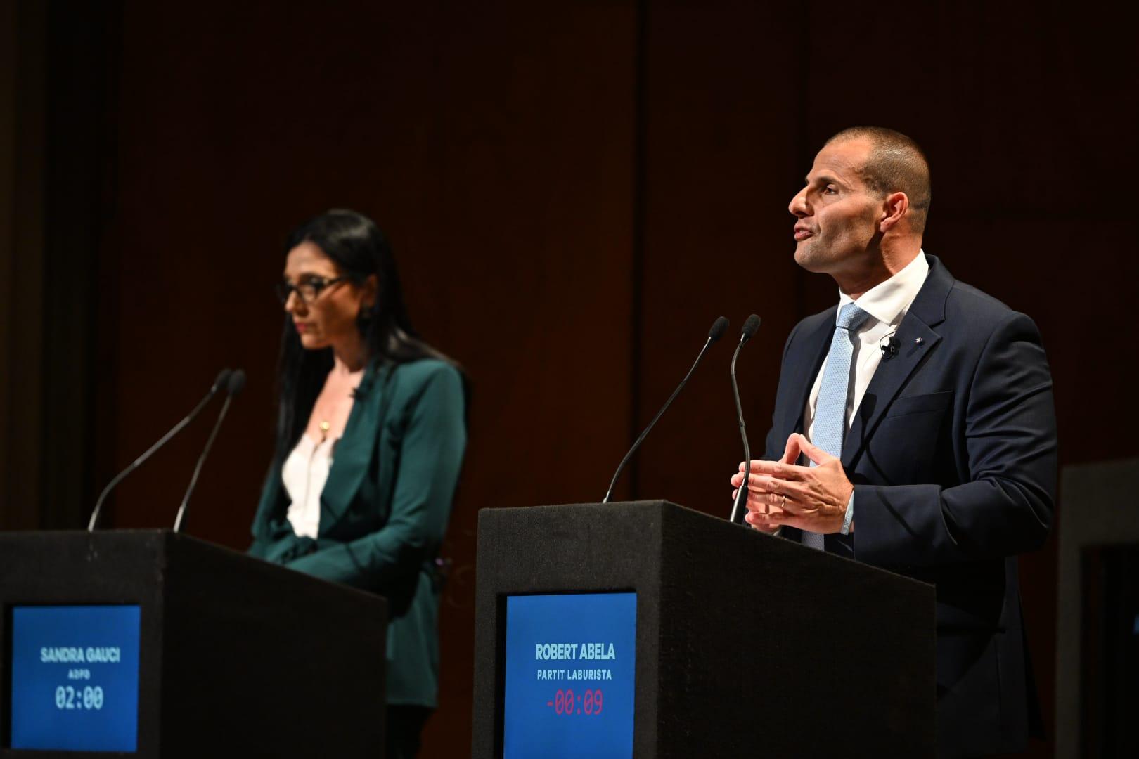 Robert Abela and Sandra Gauci at the debate. Photo: Matthew Mirabelli