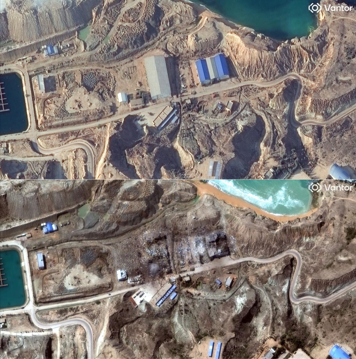 Handout satellite images courtesy of Vantor show the Bandar Barkhuh Iranian Naval Base buildings on January 20 (top) and following strikes on March 7 (bottom). Photo: AFP