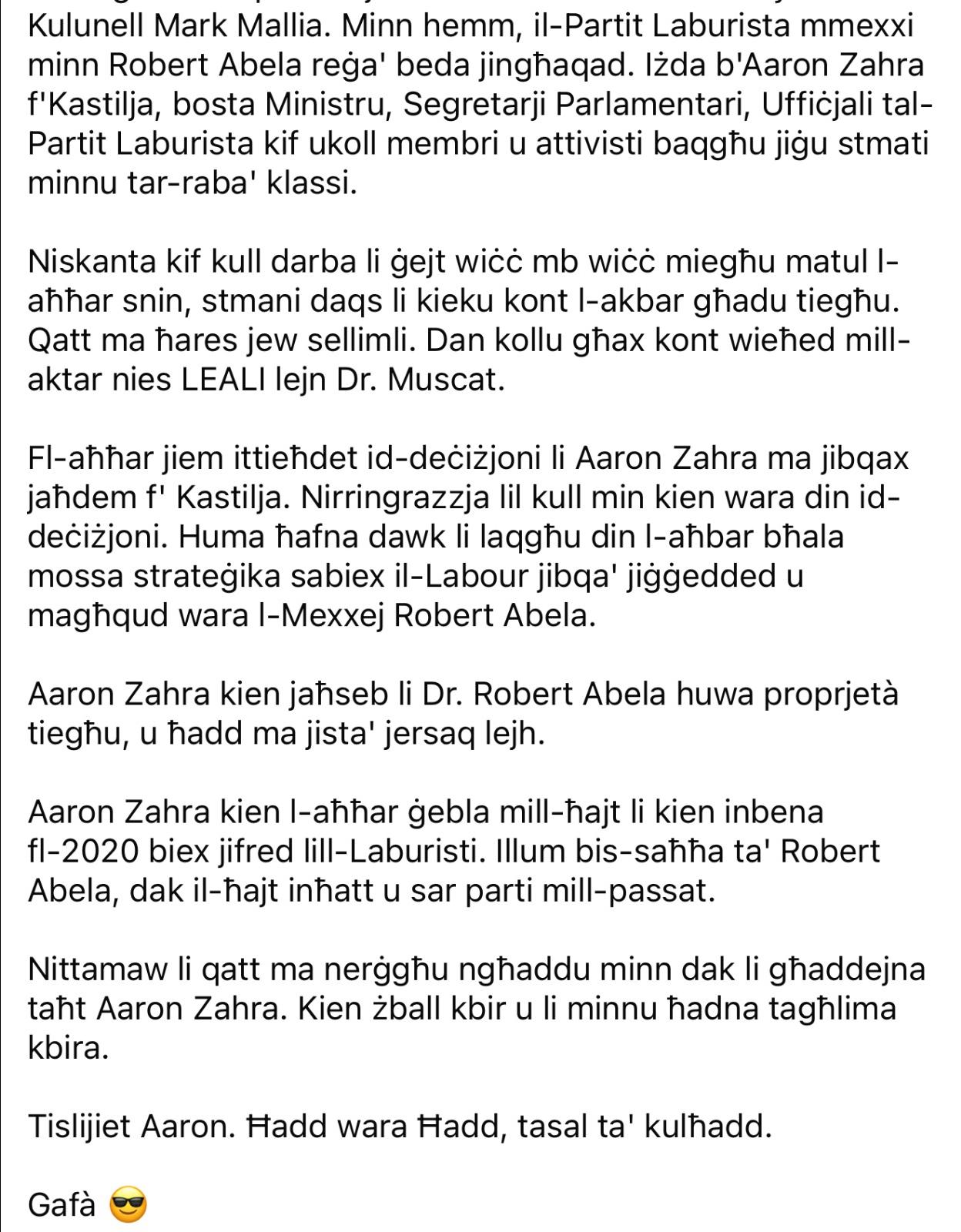 A screenshot of the second part of Neville Gaf&agrave;'s Facebook post.
