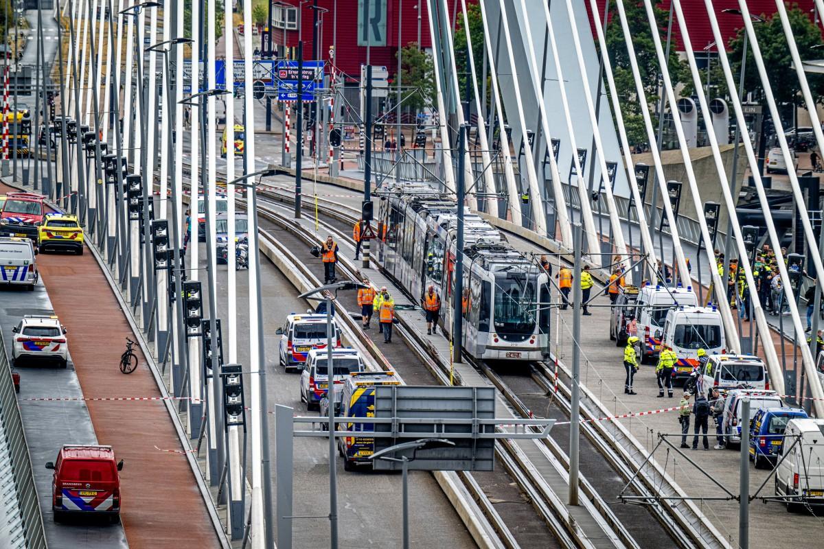 The site of an accident involving two trams that collided on the Erasmus Bridge.