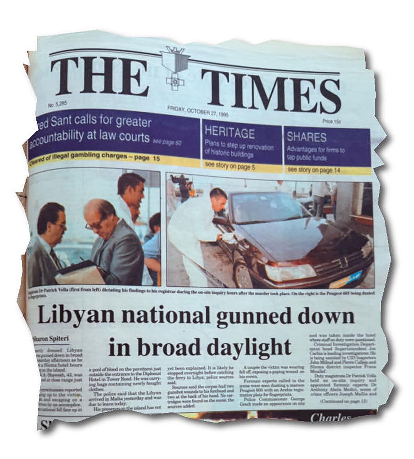 The <em>Times of Malta</em>&rsquo;s front page the day after the murder.