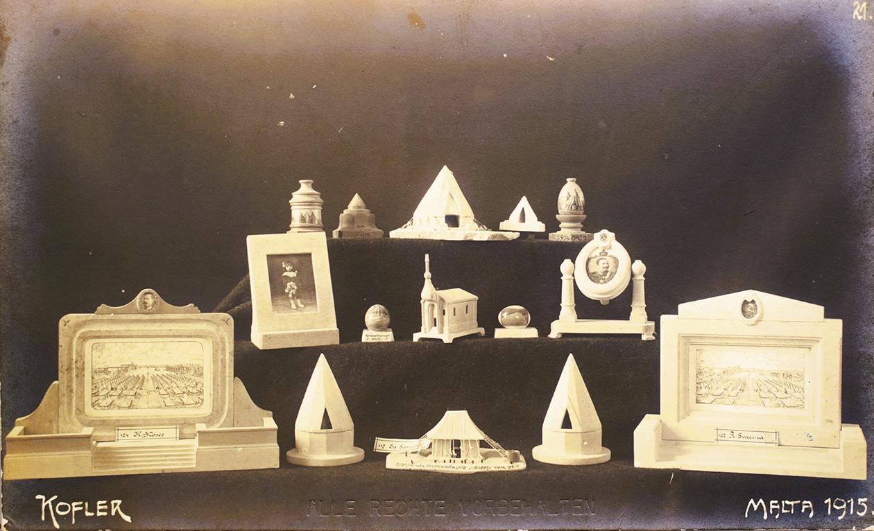 Two Malta POW postcards showing handcrafted objects that were exhibited or on sale in the Cottonera camps.