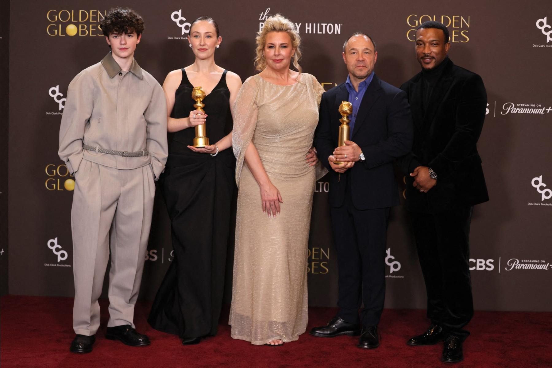 British actor Owen Cooper, British actress Erin Doherty, British actress Hannah Walters, British actor Stephen Graham and British actor Ashley Walters, winners of the Best Television Series for Adolescence. Photo: AFP