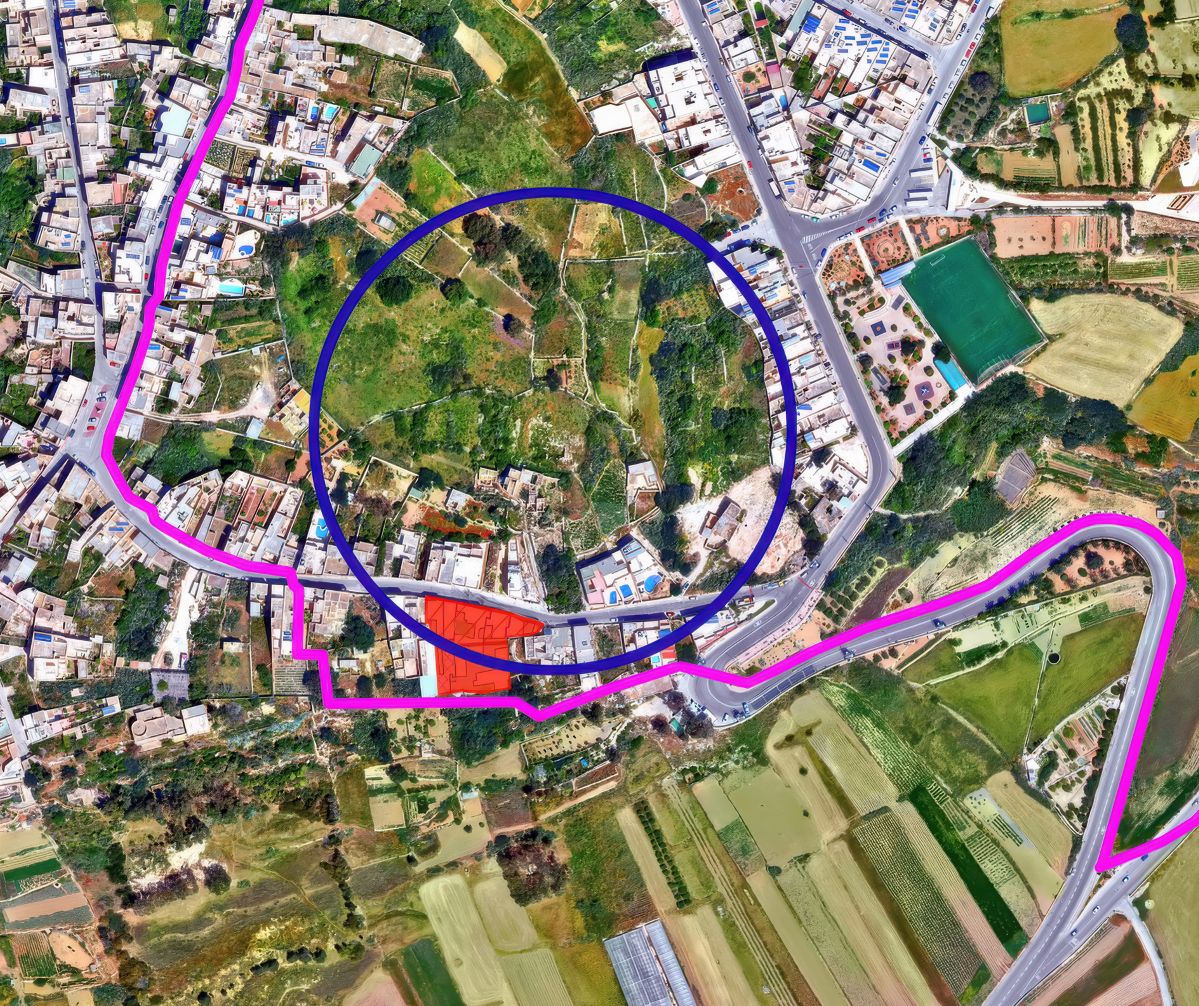 The proposed development is within the UNESCO Ġgantija temples buffer zone (pink) and partly inside the Xagħra Stone Circle buffer zone (blue). Graphic: Coalition for Gozo.