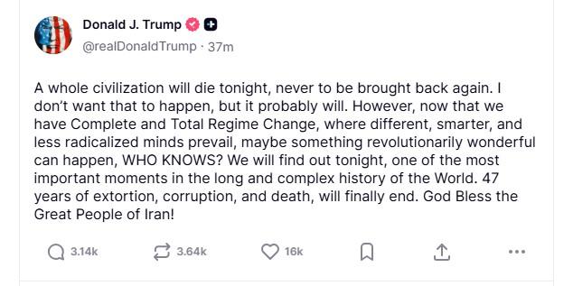 Donald Trump's post on his Truth Social platform.