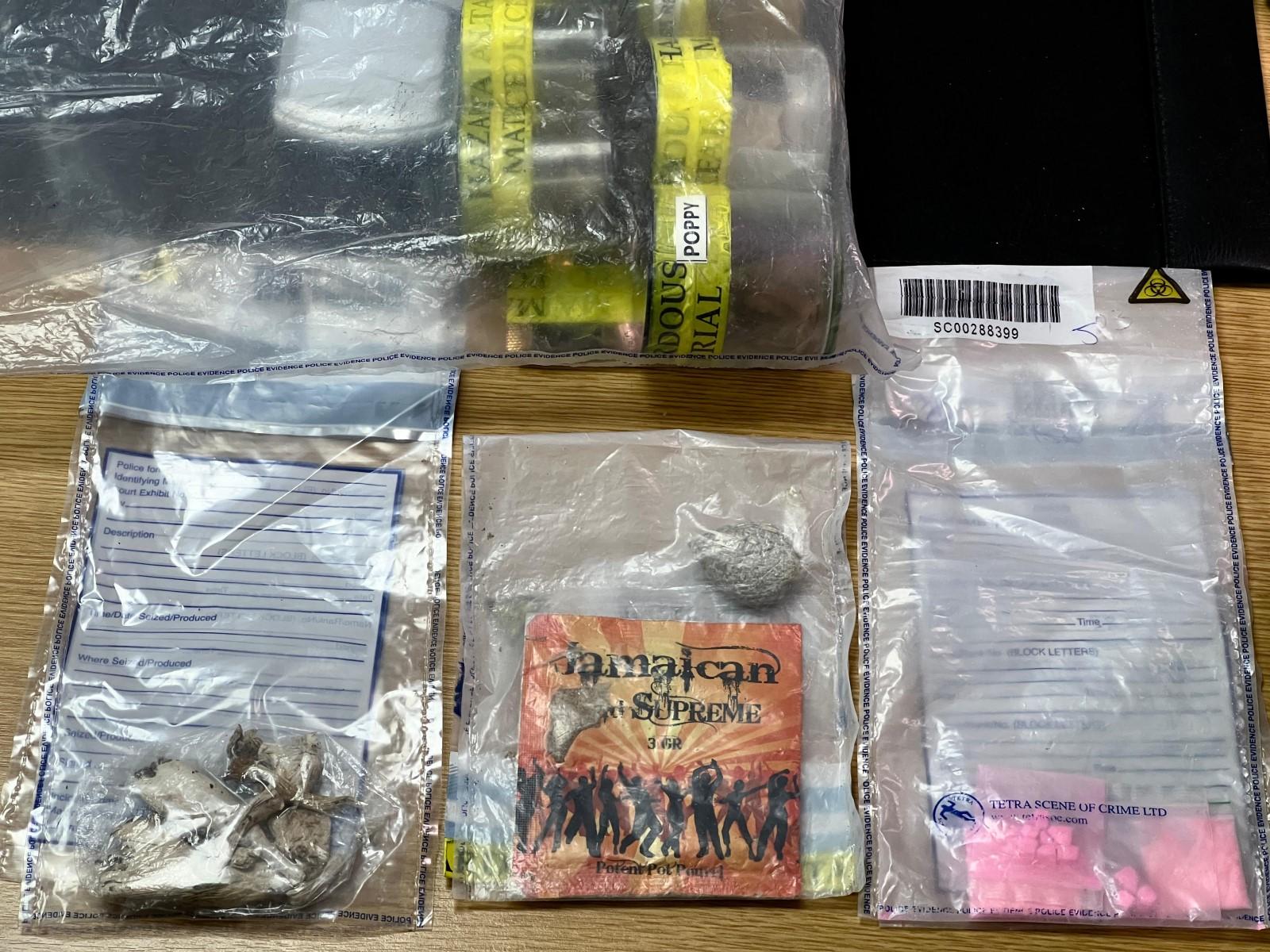 Cannabis, synthetic cannabinoids, psilocybin and pink cocaine that the police have seized. Photo: Chris Sant Fournier