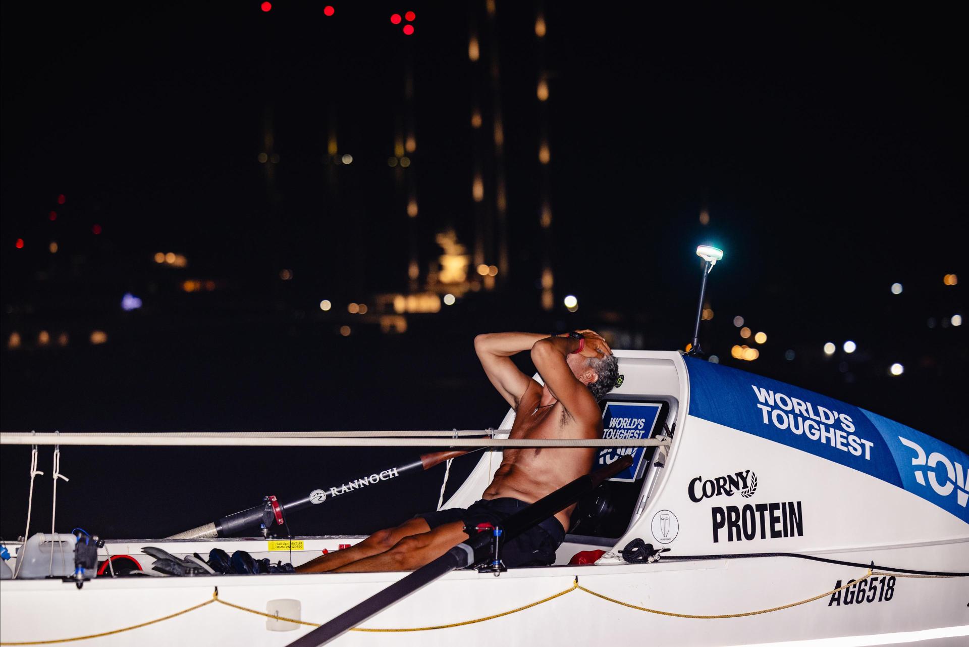 Elation and exhaustion after 54 days rowing across the Atlantic solo and unsupported in a 25ft boat named after his three daughters. Photo: World's Toughest Row