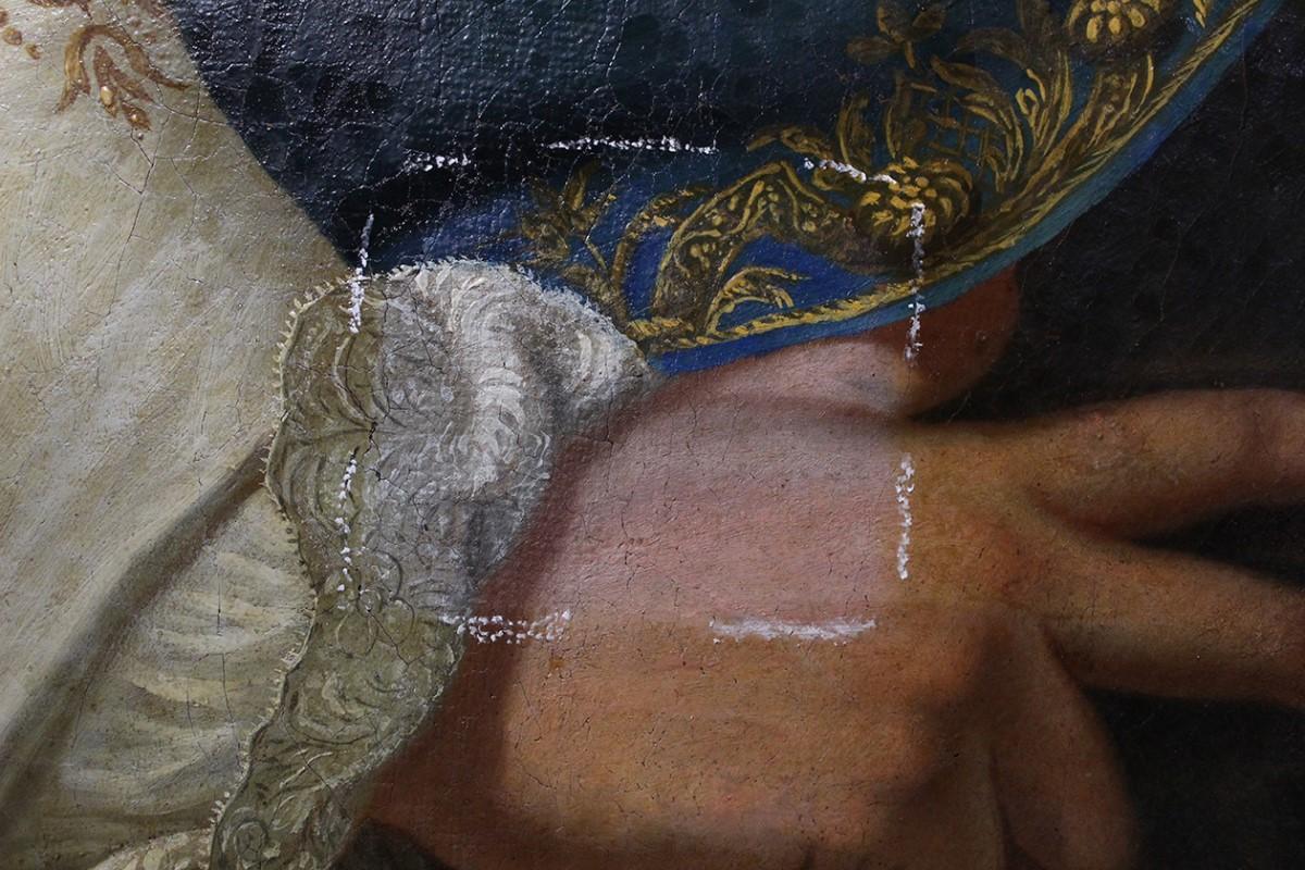 During the thinning down of the aged and yellowed varnish. Photo: ASC Conservation Centre Ltd