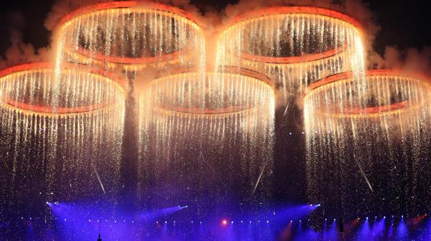 The Olympic Rings comes together in formation during the London Olympic Games 2012 Opening Ceremony at the Olympic Stadium, London. Photo: Nick Potts/PA Wire