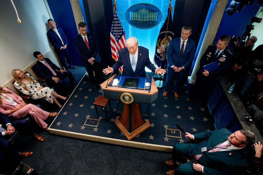 On Tuesday, Trump spoke to the media about the successful military mission to rescue a weapons systems officer whose F-15E Strike Eagle was shot down in Iran. Photo: AFP