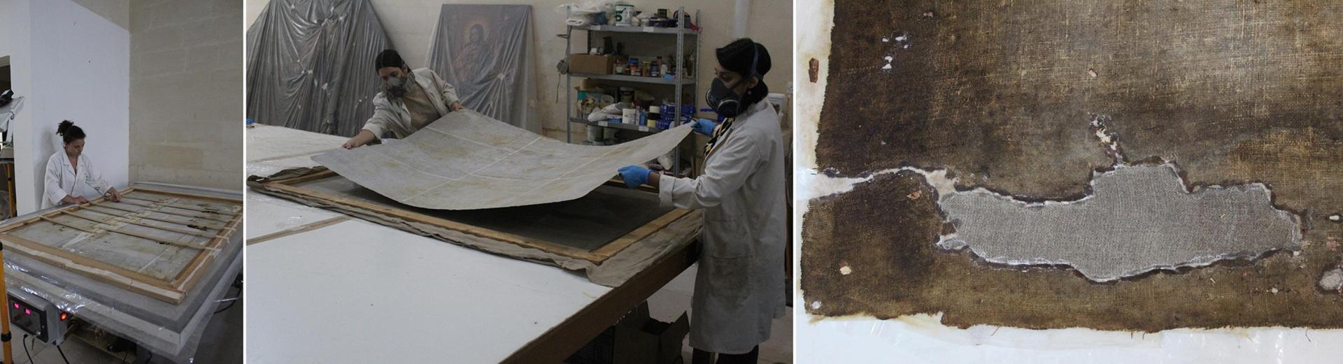 Treatments of the canvas supports aimed at stabilising the latter and at removing deformations as well as distortions. Lacunae found in the original supports were also inlayed using new canvas similar to the original. Photos: ASC Conservation Centre Ltd