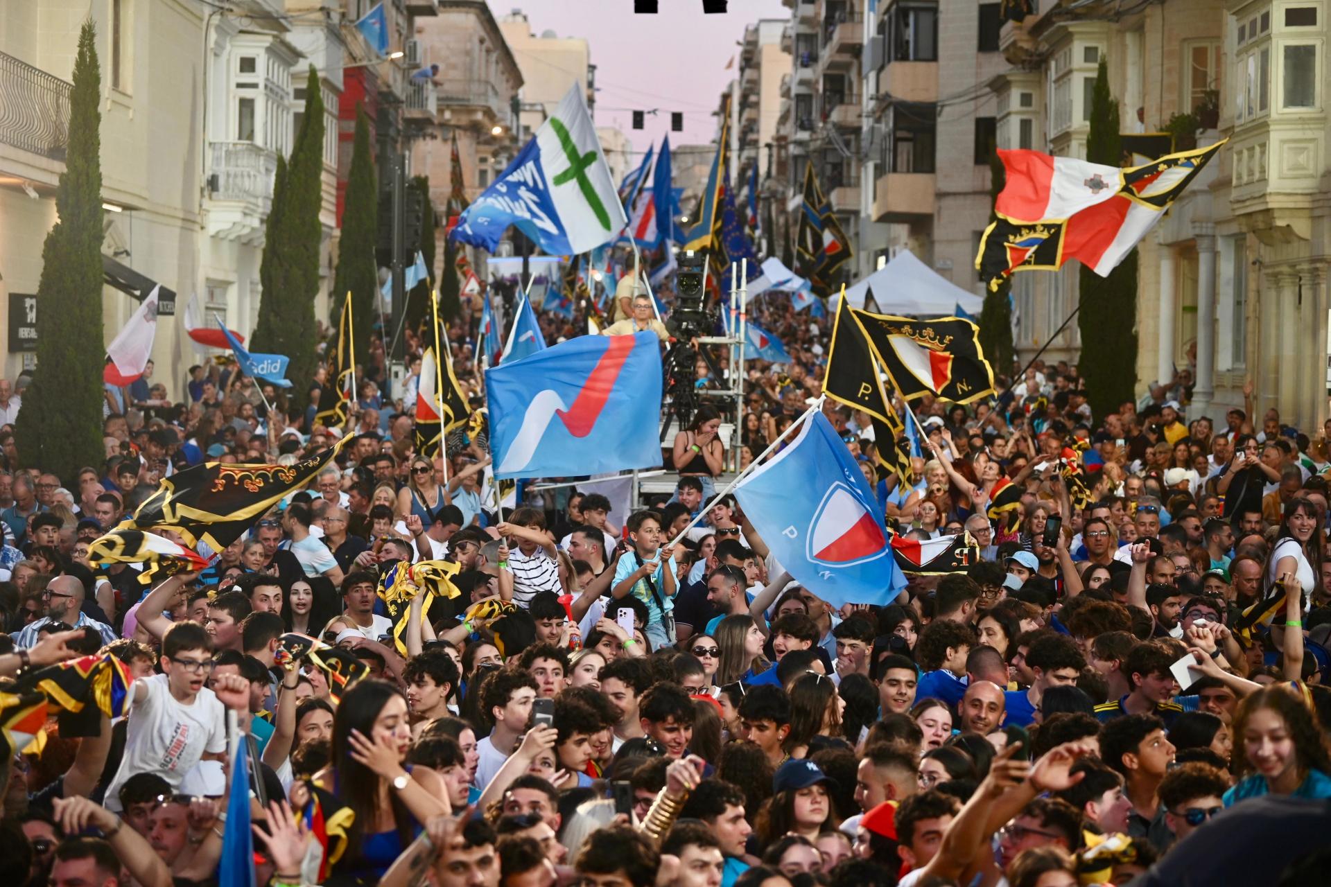 PN supporters gathered in Sliema on Sunday evening, long considered to be the party's top stronghold. Photo: Jonathan Borg.