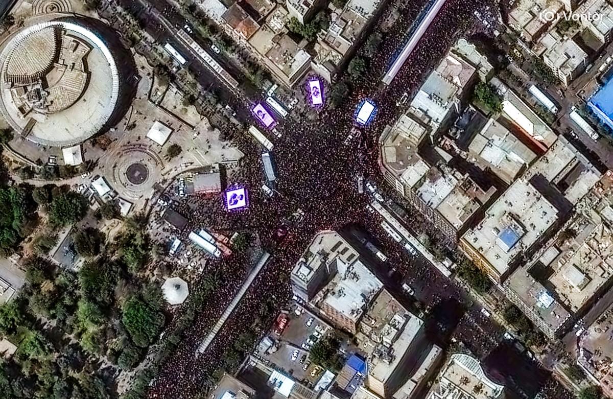 This handout satellite image released by Vantor shows large crowds of mourners congregating at Enghelab Square in Tehran during the funeral procession for Iran's slain supreme leader Ali Khamenei. Photo: AFP