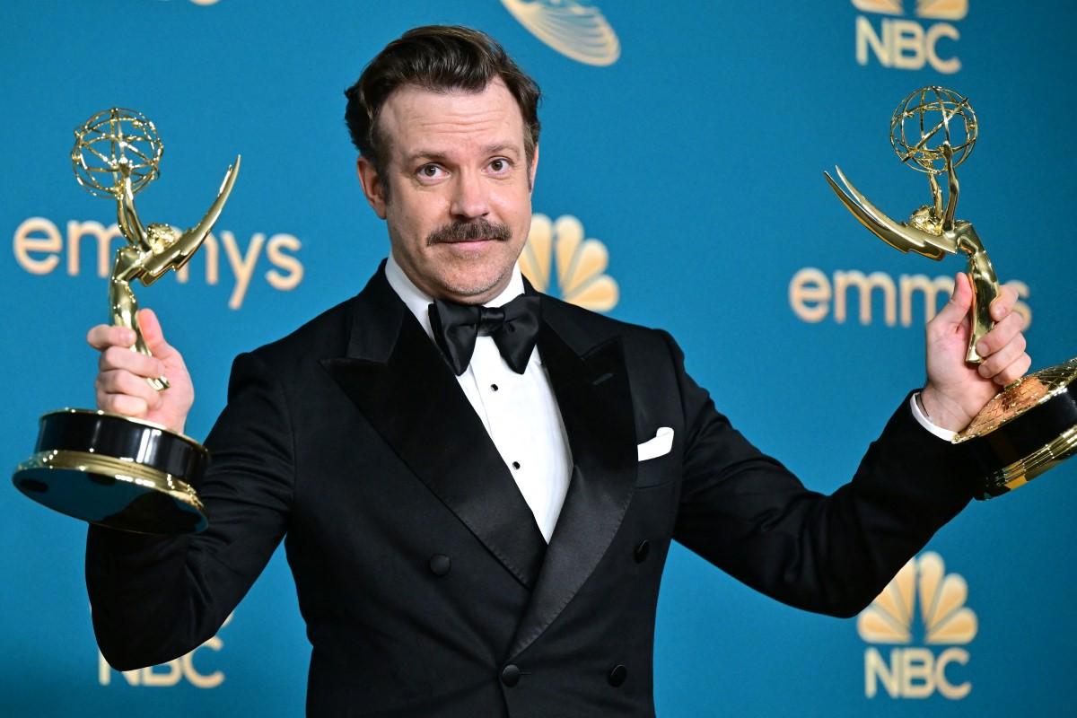Jason Sudeikis with awards for Outstanding Comedy Series and Outstanding Lead Actor in A Comedy Series for &lsquo;Ted Lasso&rsquo;. Photo: Frederic J Brown/AFP