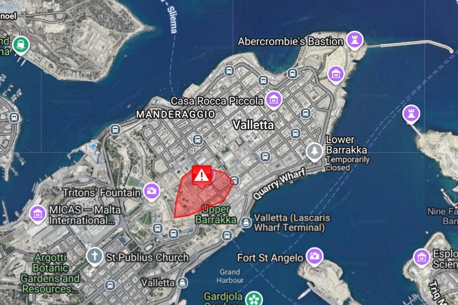 Enemalta's live outages map shows part of Valletta hit by power cuts. Photo: Enemalta