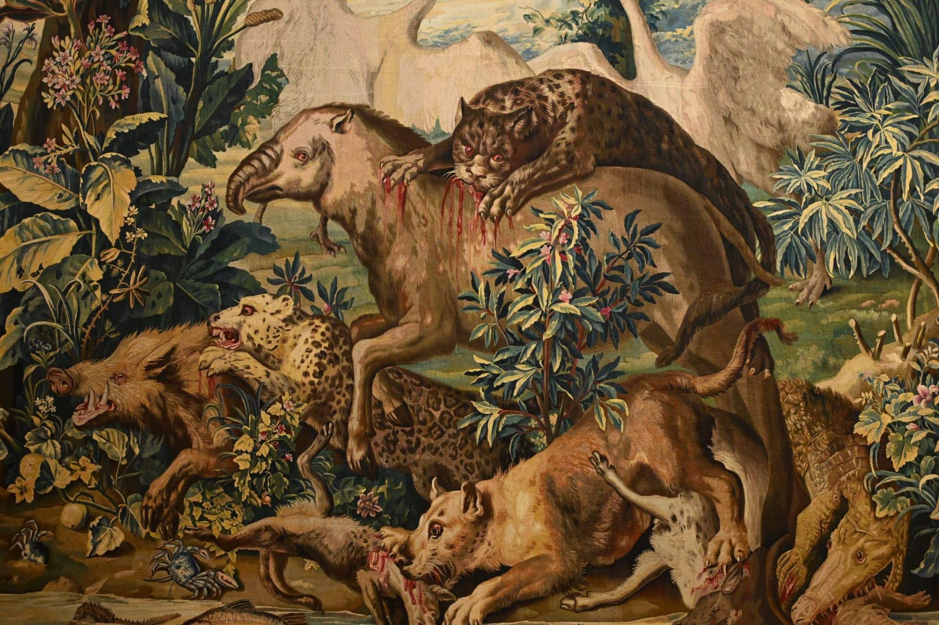 The tapestries depict exotic flora and fauna.