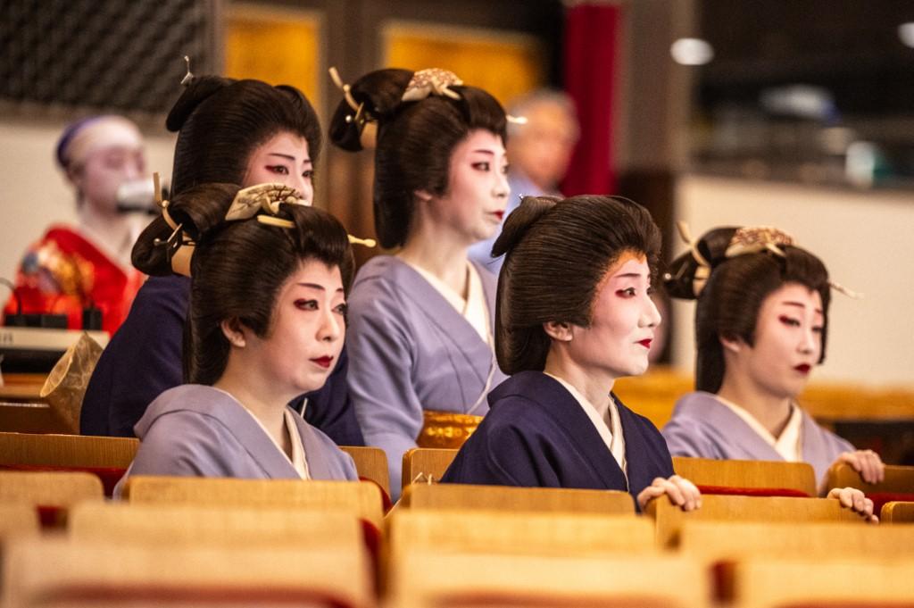 Shinbashi geishas watching a rehearsal at the Shinbashi Enbujo Theatre before the 100th Azuma Odori festival in Tokyo.