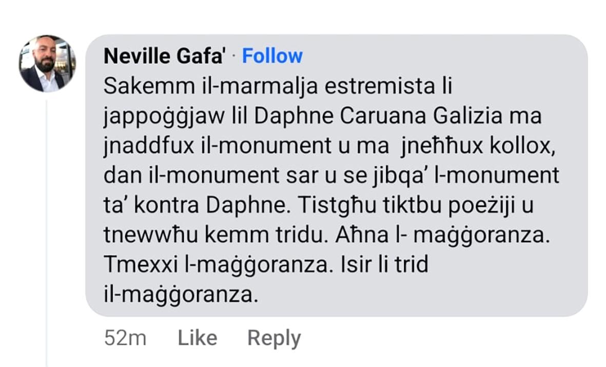 A comment posted by Neville Gafa
