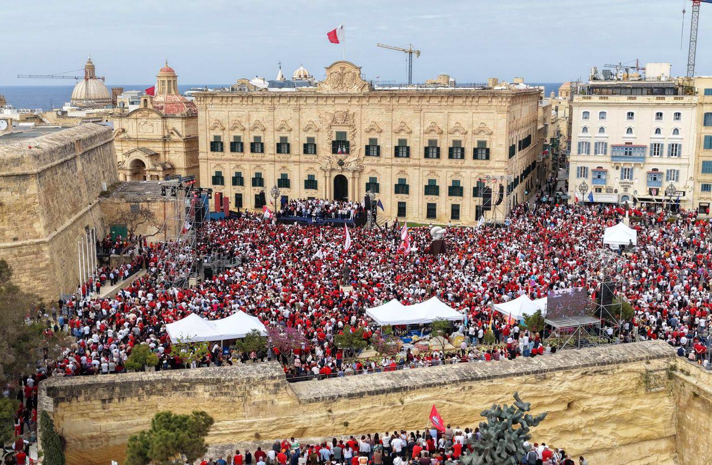 A sea of red and white at Castille Square for Labour's May Day rally. Photo: PL