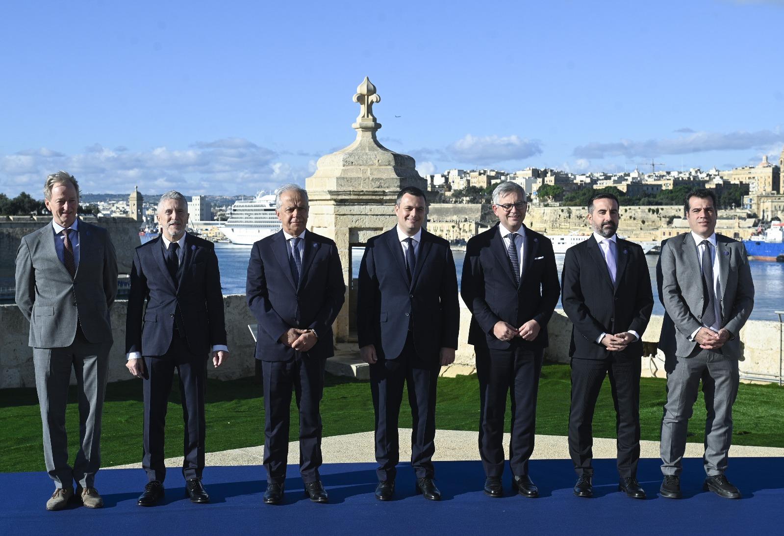 From left to right: Denmark's Henrik Ankerstjerne, Spain's Fernando Grande‑Marlaska, Italy's Matteo Piantedosi, Byron Camillleri, Commissioner Magnus Brunner, Cyprus' Nicholas A. Ioannides, Greece's Thanos Plevris. Photo: Matthew Mirabelli