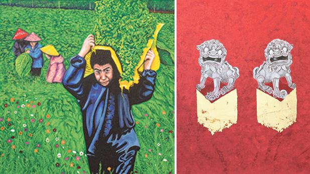 Tobacco Fields, Lucienne Spiteri. Right: Guardians with Five Red Washes and Gold, Damian Ebejer.