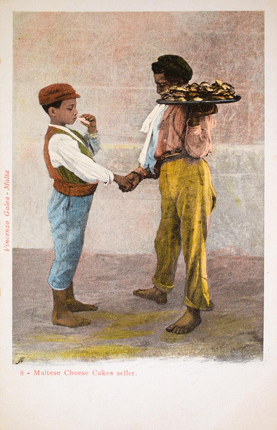 A circa 1904 colour postcard of a 'pastizzi' seller issued by Vincenzo Galea di Antonio.