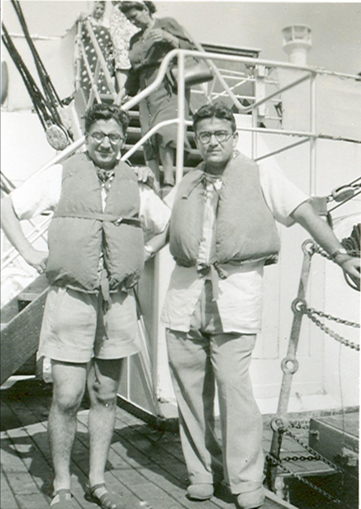 Frank and Tony Gatt during lifeboat drill on board the Vulcania, on July 17, 1948.
