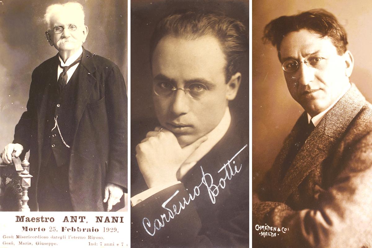 From left: Funerary postcard memento of the composer and conductor Antonio Nani, Cardenio Botti, controversial composer and director. Portrait dated 1922 and Giuseppe Mul&egrave;, renowned composer in Malta. Portrait by Chr&eacute;tien.