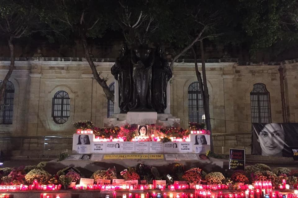 The memorial just hours before it was cleared. Photo: Justice for Daphne Caruana Galizia Facebook page