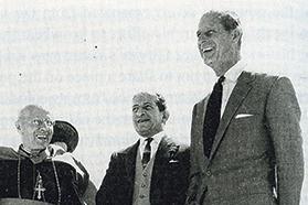 Archbishop Michael Gonzi and Prime Minister George Borg Olivier welcome Prince Philip on his arrival for the Independence celebration.