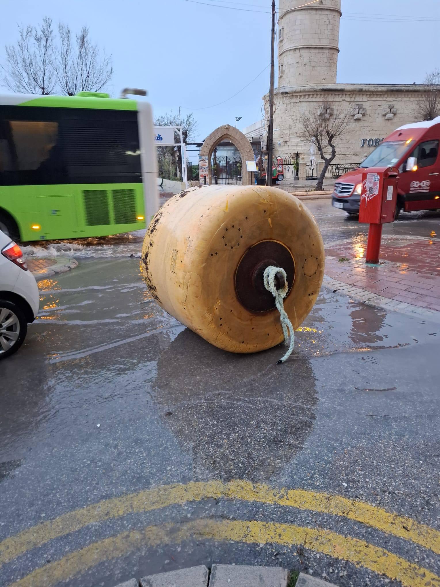 A bulky steel ship mooring buoy ended up on the busy Sliema Tower Road on Wednesday morning, after it was lifted to shore by large waves. Photo: Facebook/Anthony Chircop