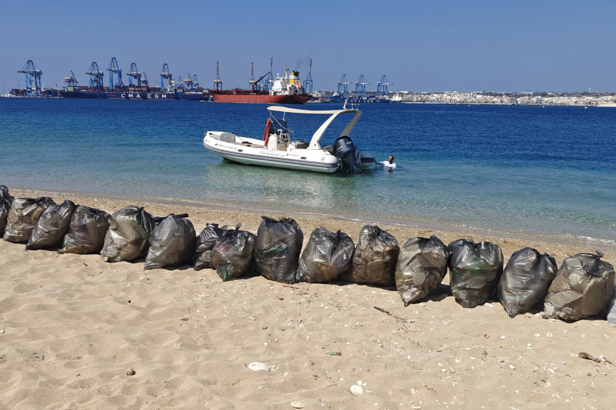 Bags of waste collected along the Delimara coastline by the volunteers. Photo: Mark Galea Pace