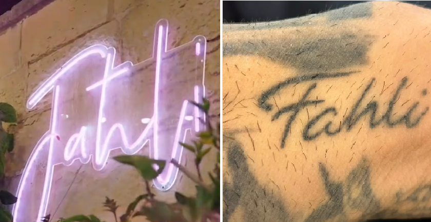 Jaħli: as seen on LoveIsland villa's wall (Photo: TikTok); and the word Faħli being tattooed and later removed by one of the contestants (Photo: Instagram)
