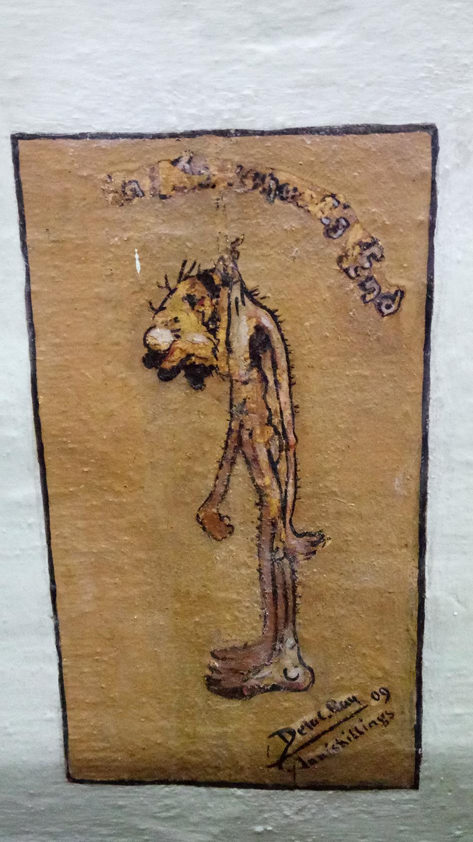 A Denton de la Cour Ray caricature of a drunkard looking much like an empty sack hanging from a peg.