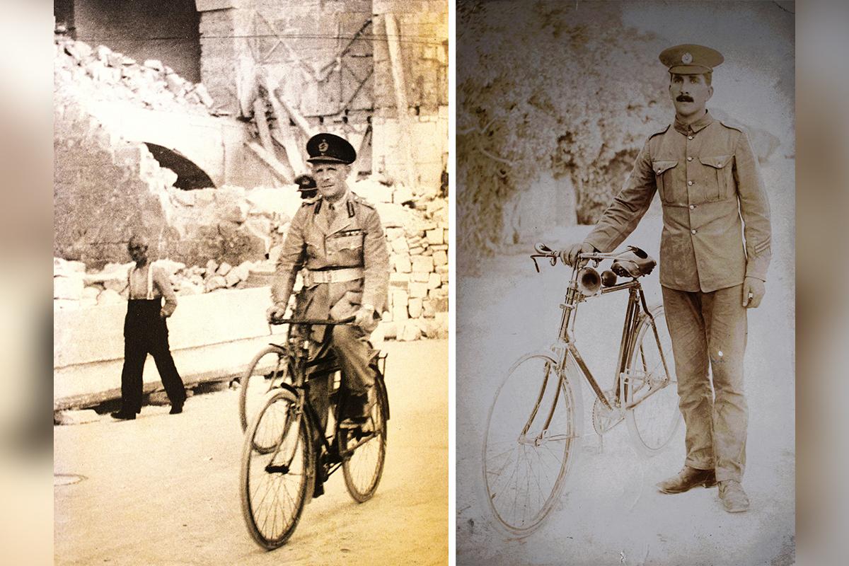 The Governor, Lord Gort, cycling through the streets of bombed Valletta. Right: A serviceman with a bicycle in Malta in WWI.