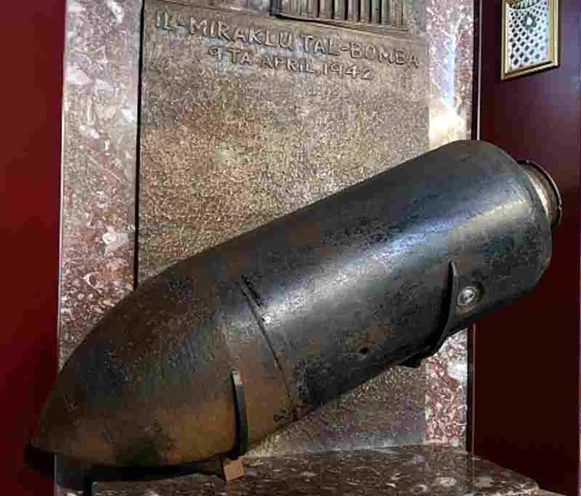 The replica of the bomb that pierced the Mosta dome, kept in the sacristy as a memorial to an event many people consider to have been a miracle.