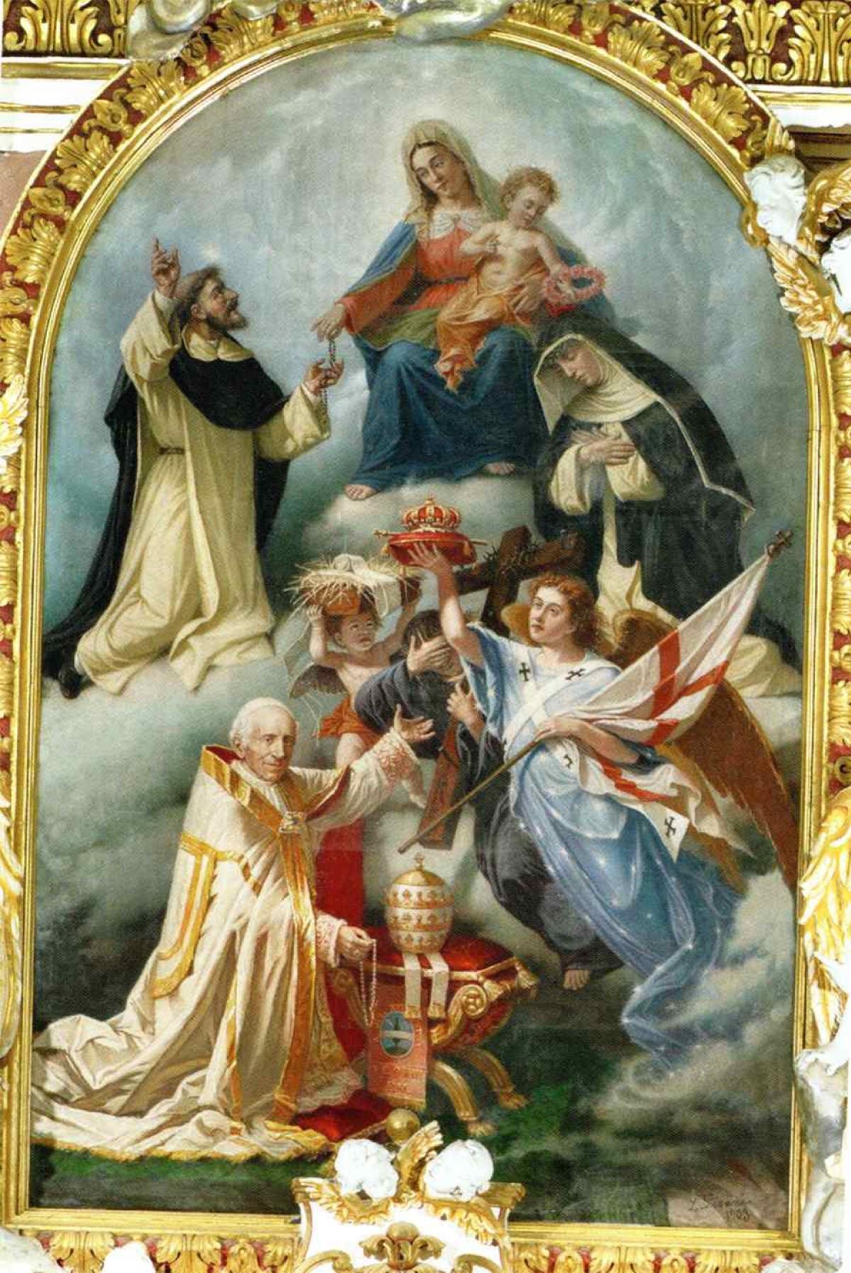 A 1903 depiction by Lazzaro Pisani of Our Lady of the Holy Rosary that includes Pope Leo XIII in the foreground. Pope Leo issued the encyclical Rerum Novarum in 1891.