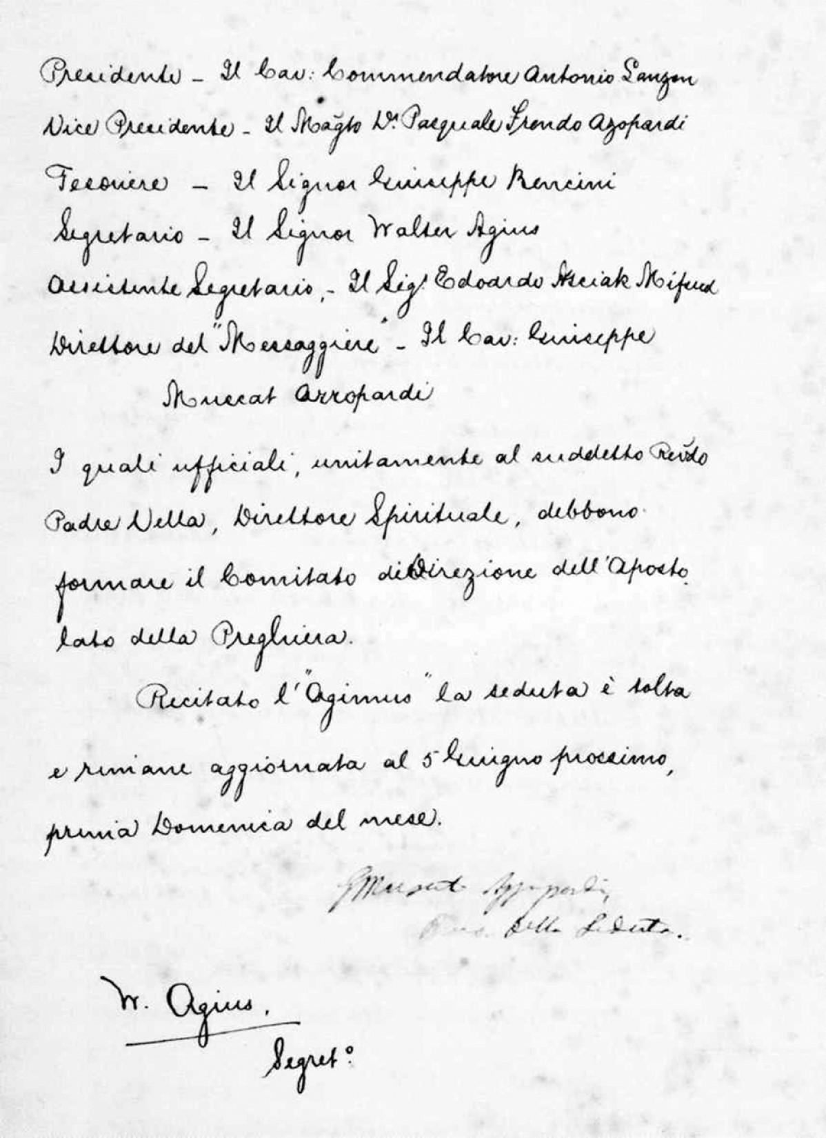 Part of the minutes of the first meeting of the Unione Cattolica San Giuseppe that also included a list of the first members and the offices they were assigned. Photo: APS Bank plc